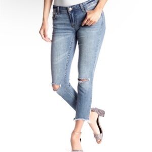 Free People Light Wash Distressed Cropped Raw Hem Jeans